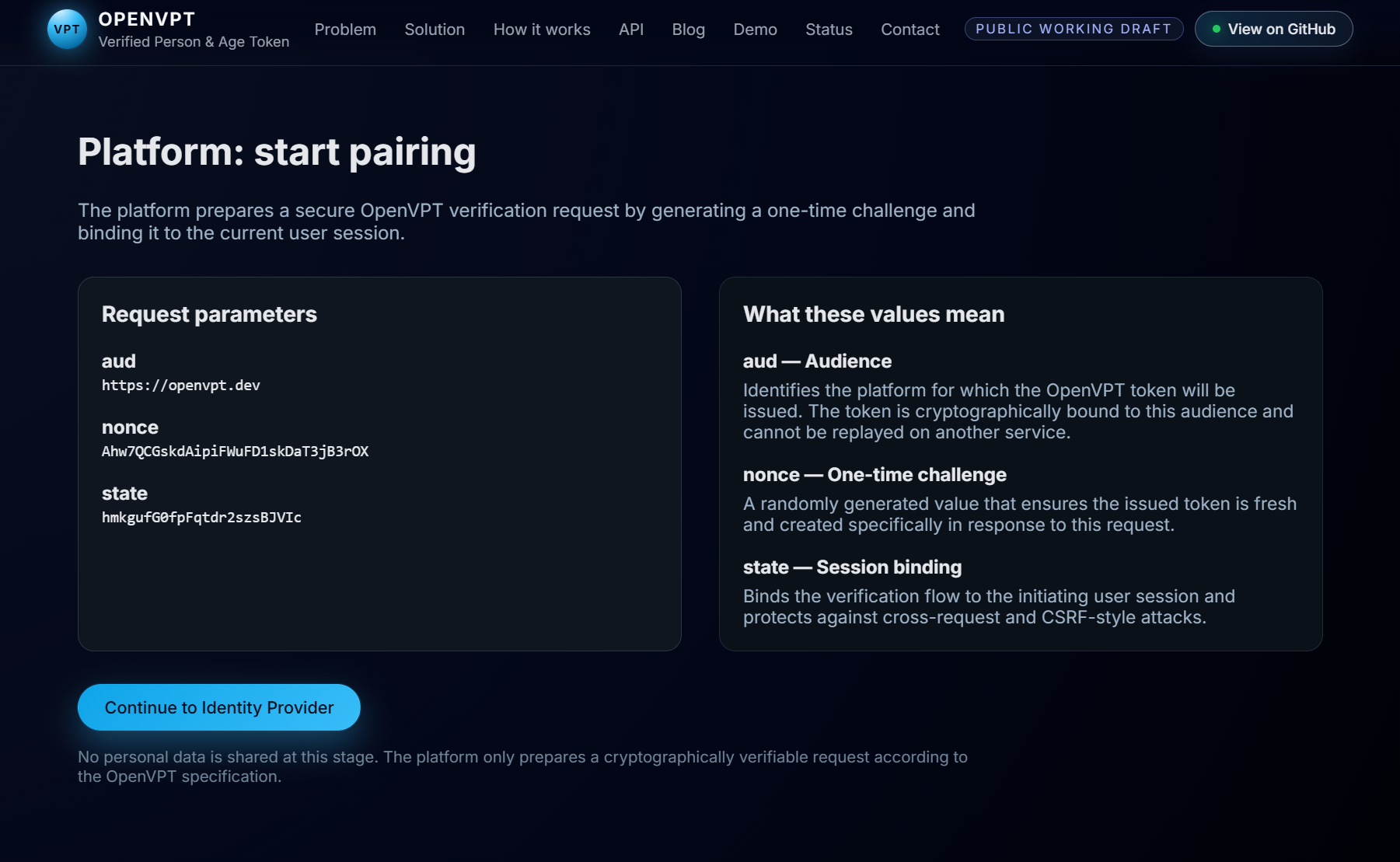 OpenVPT demo showing privacy-preserving verification flow